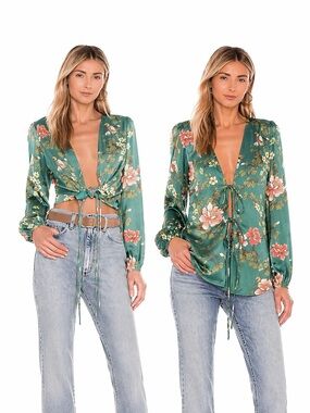 Majorelle Coco Top Bellbird Floral Tie Front Blouse Bird Print Small Revolve